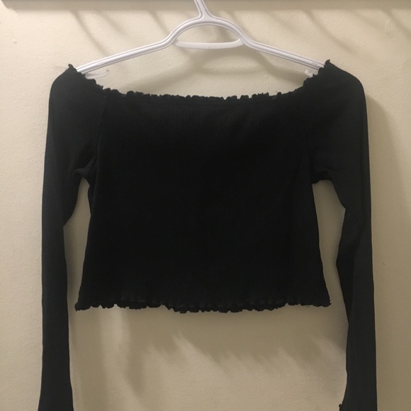 Off the shoulder, black waffle cropped shirt. - Picture 2 of 2